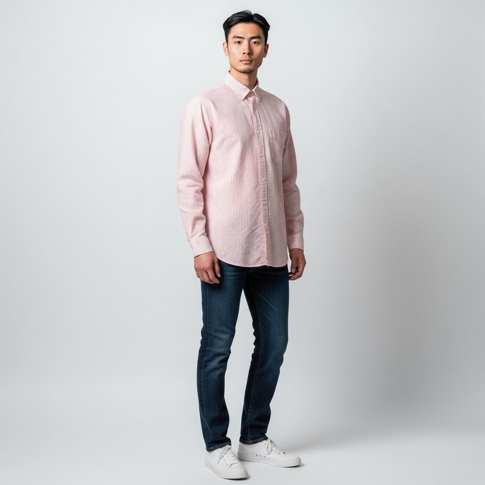 J.Crew Button Down Shirt MT Pink White Striped Organic Cotton Seersucker Classic